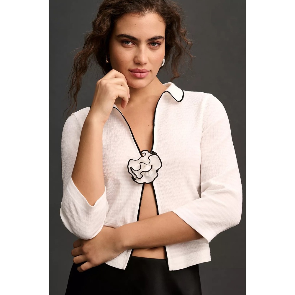 Maeve Anthropologie White Black Rosette Collared Feminine Open Front Top XXS